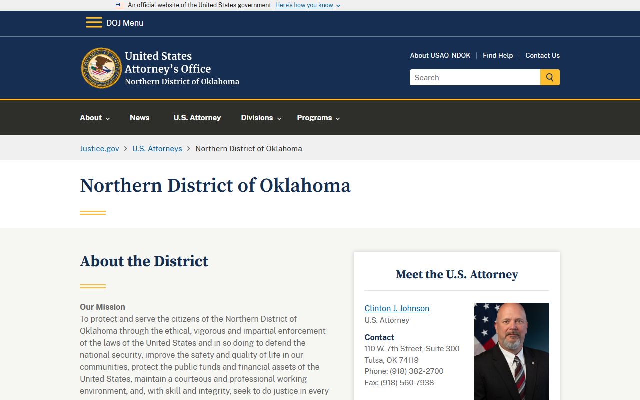U.S. Attorney for the Northern District of Oklahoma, separate from Ottawa County Court Clerk court records