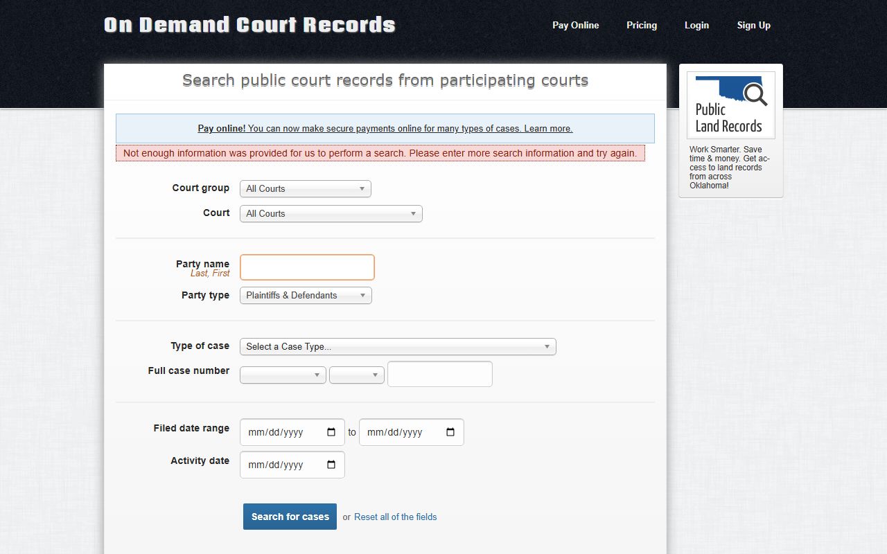 Ottawa County court records search fields on the ODCR search page