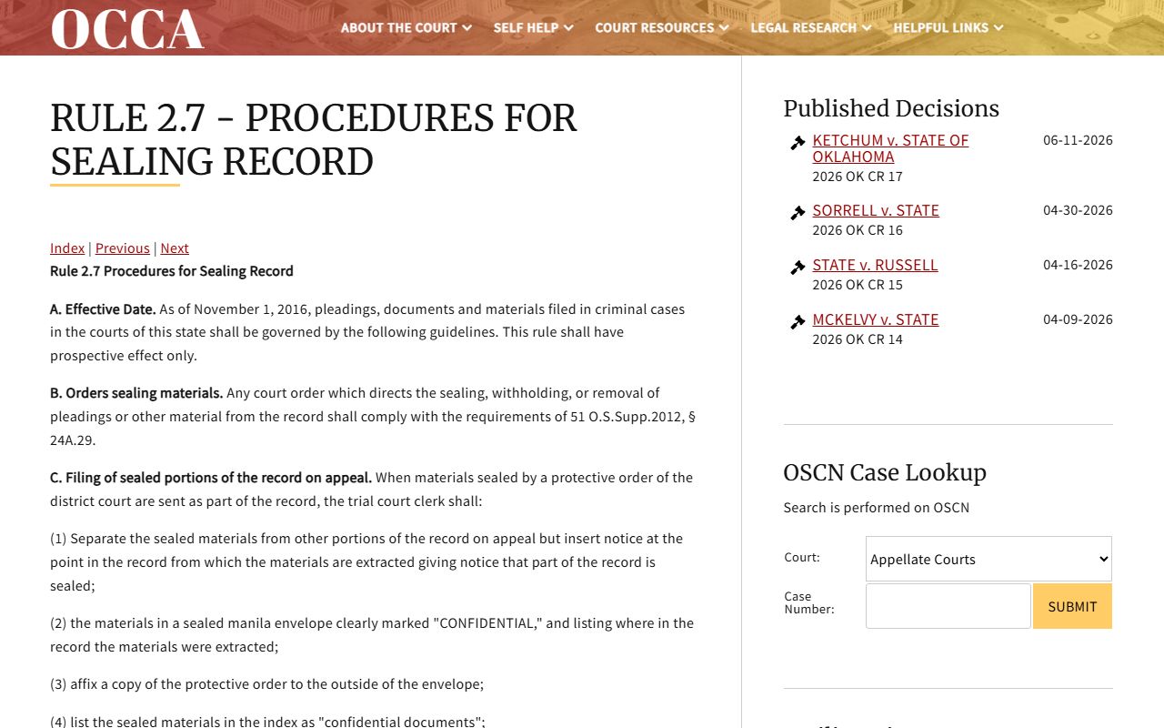 Ottawa County criminal court records sealing under Court of Criminal Appeals Rule 2.7