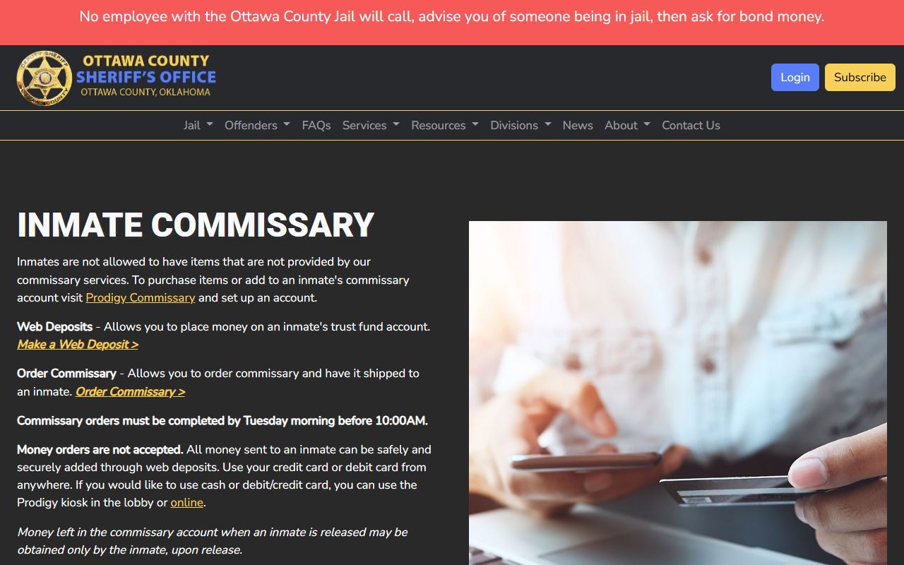 Ottawa County jail inmate commissary deposit options
