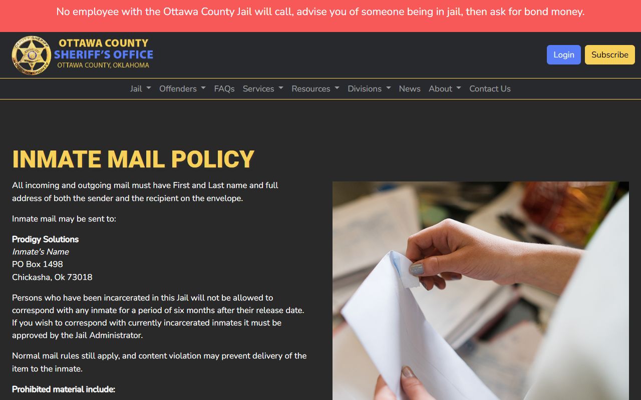Ottawa County jail inmate mail address and rules