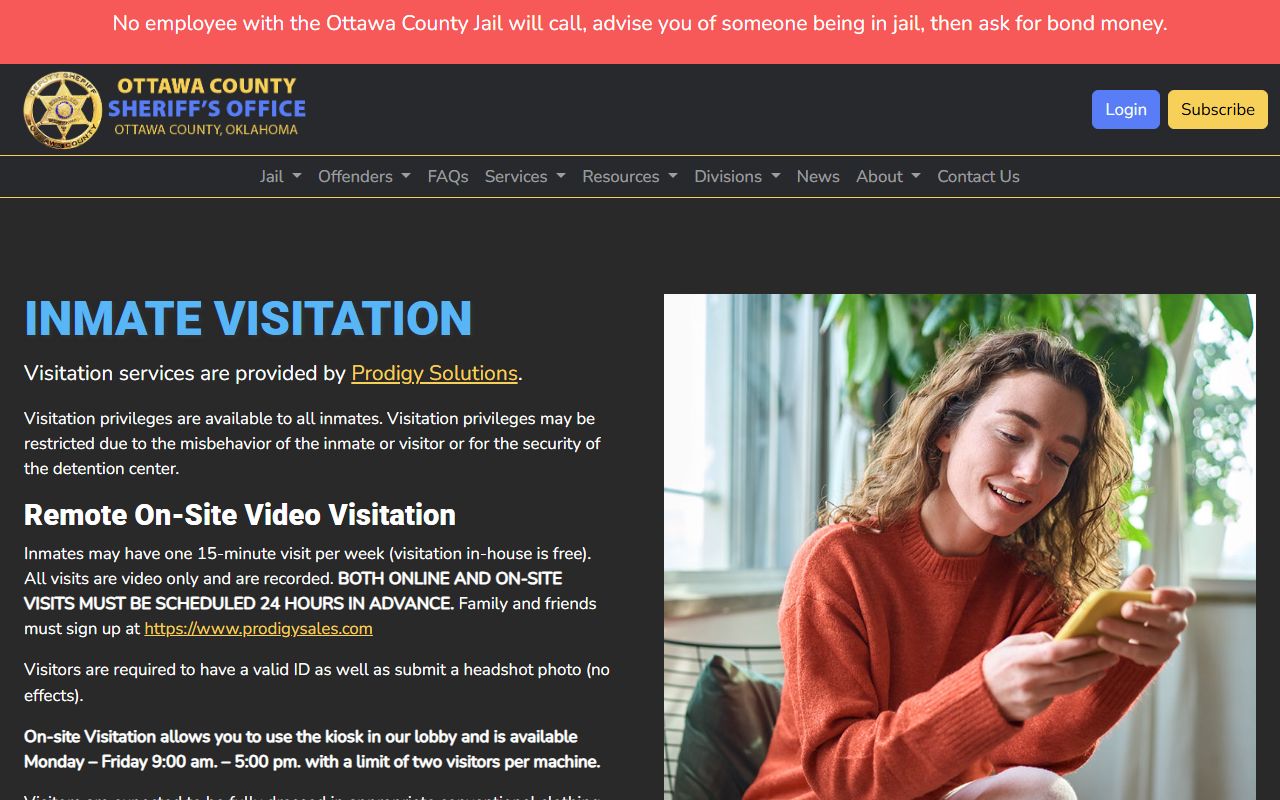 Ottawa County jail inmate video visitation scheduling rules