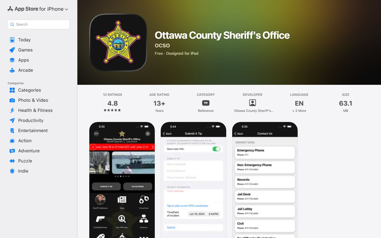 Ottawa County Sheriff's Office app listing referenced on the marriage and divorce records page