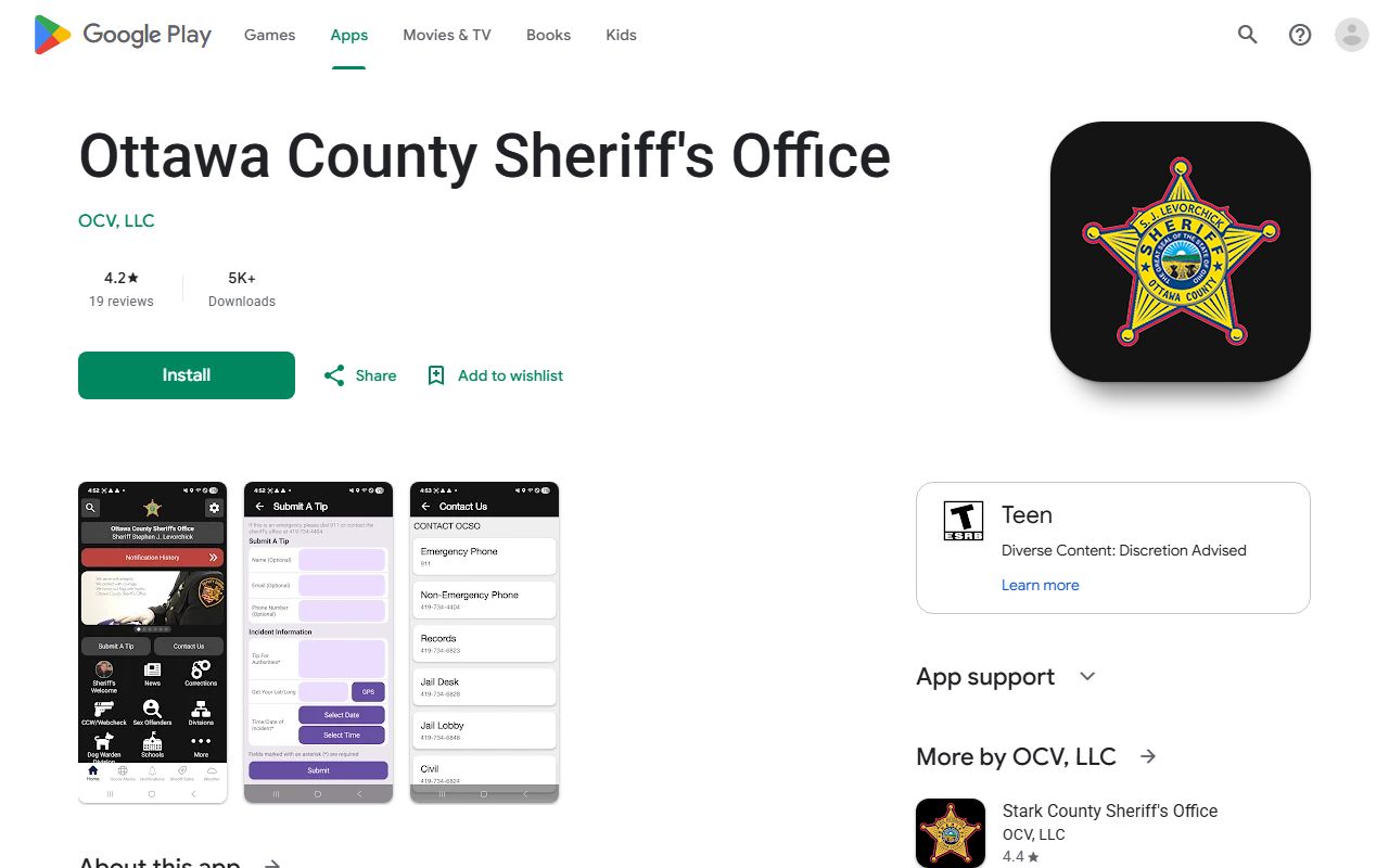 Ottawa County probate records are separate from the Sheriff's Office app shown in this Android listing