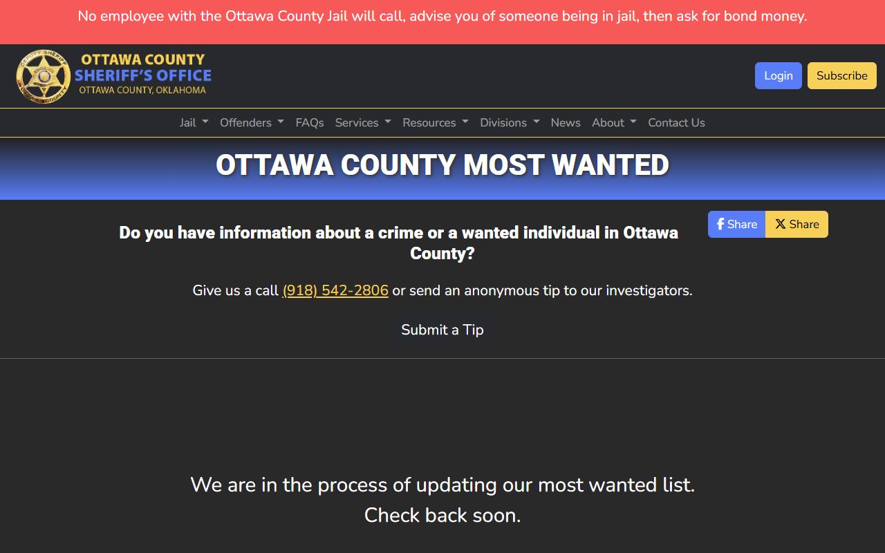 Ottawa County warrant most wanted page from the Sheriff's Office